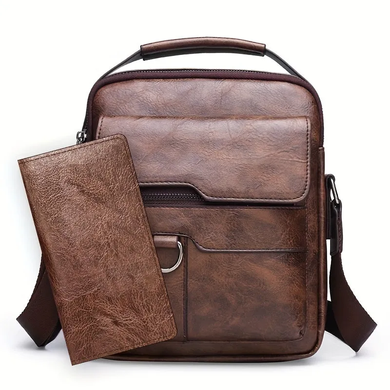 1pc Large Capacity PU Leather Men's Shoulder Bag, Casual Messenger Simple Business Trendy Sling Bag