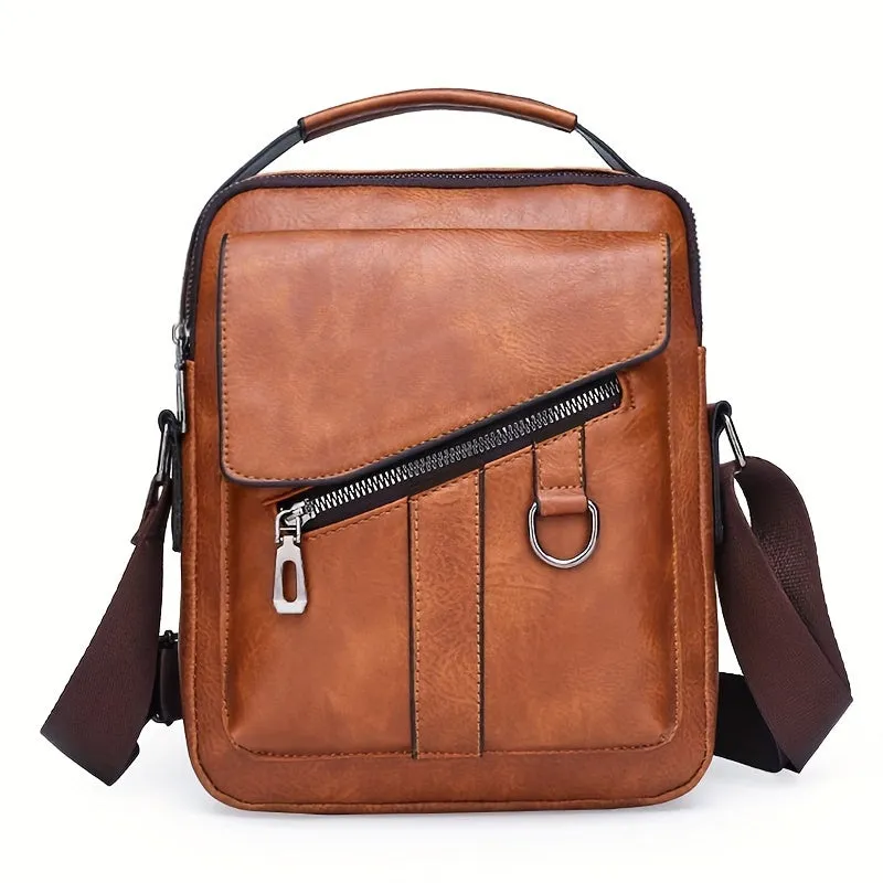 1pc Large Capacity PU Leather Men's Shoulder Bag, Casual Messenger Simple Business Trendy Sling Bag