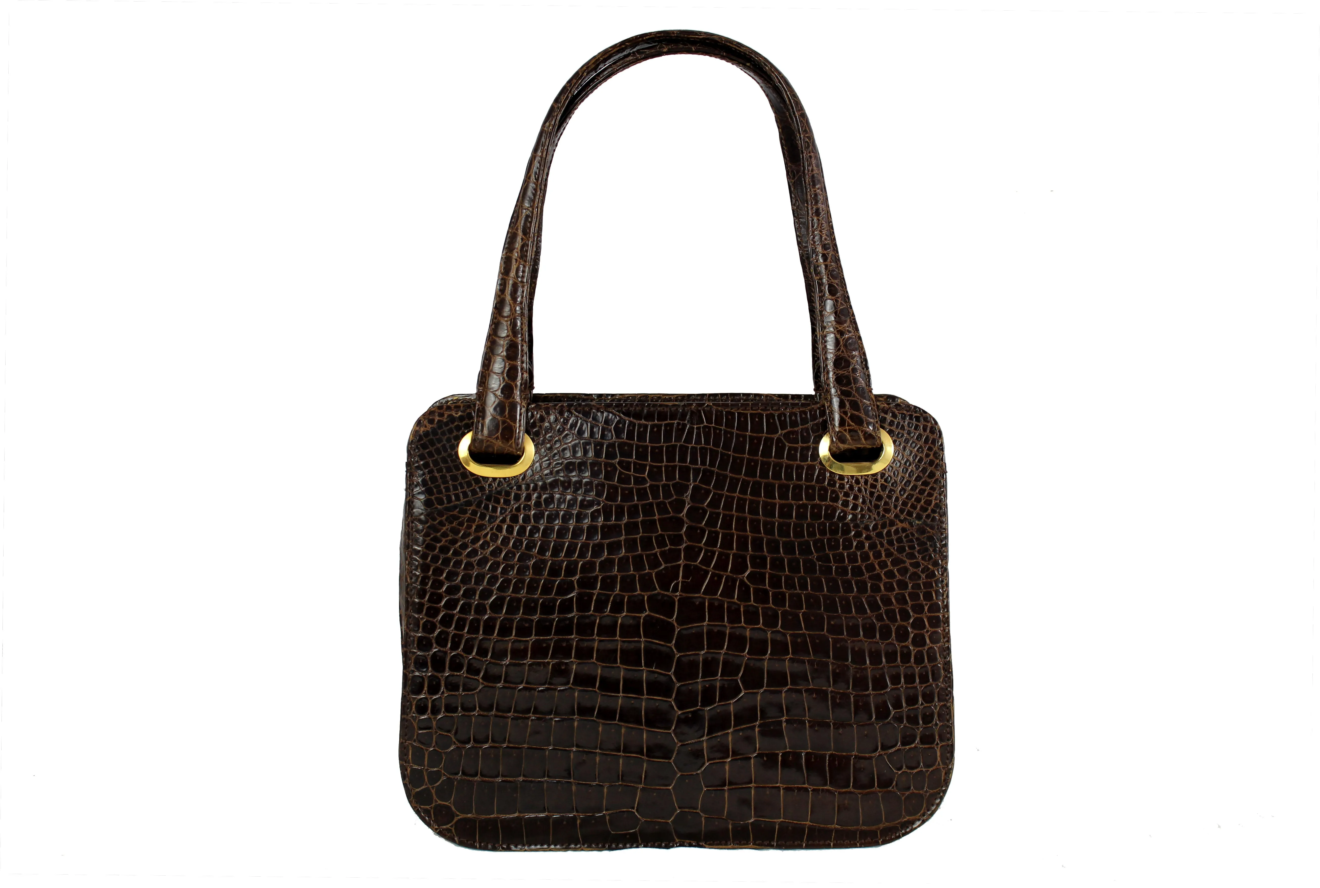 Brown baby crocodile skin frame handbag with twin handles