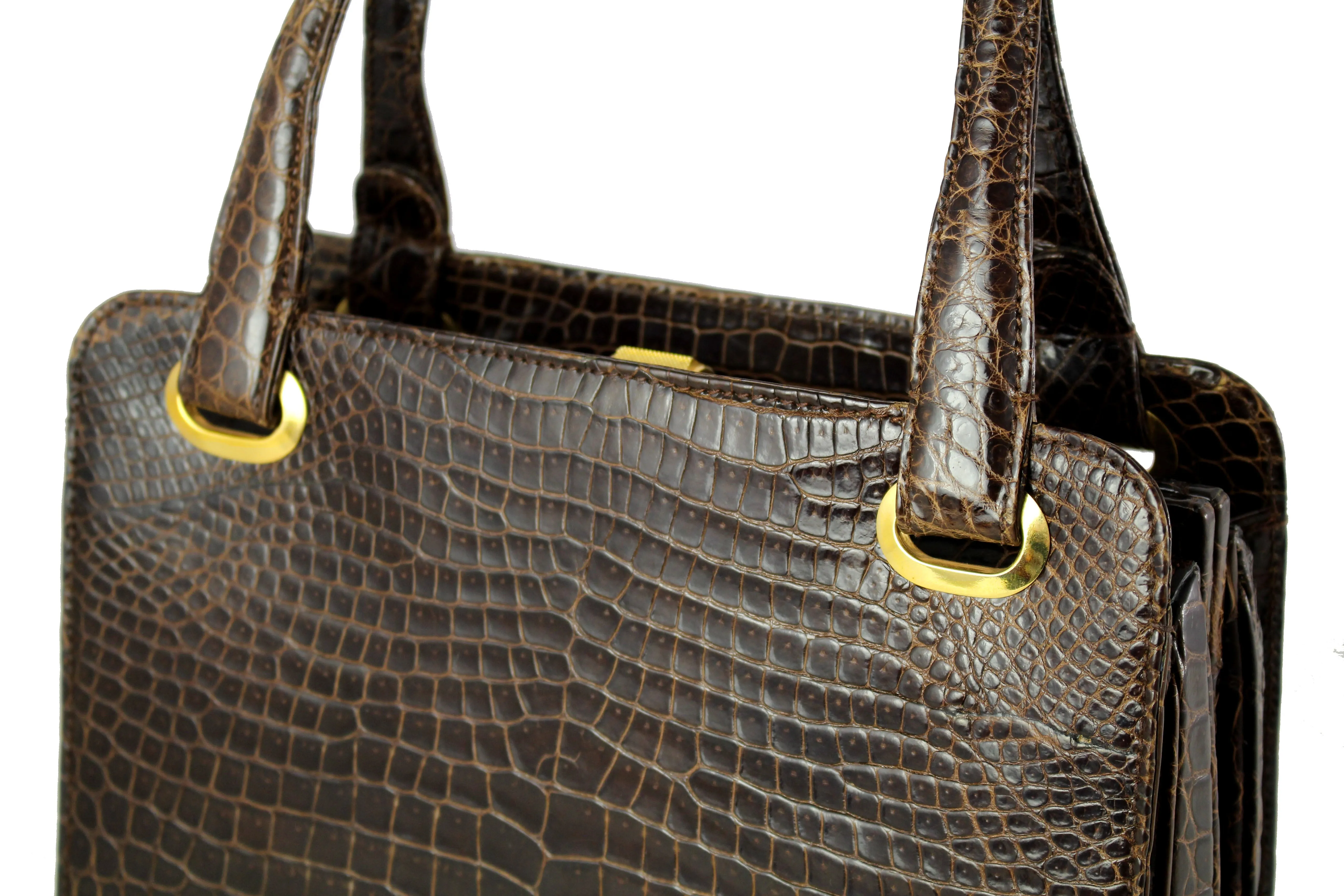 Brown baby crocodile skin frame handbag with twin handles