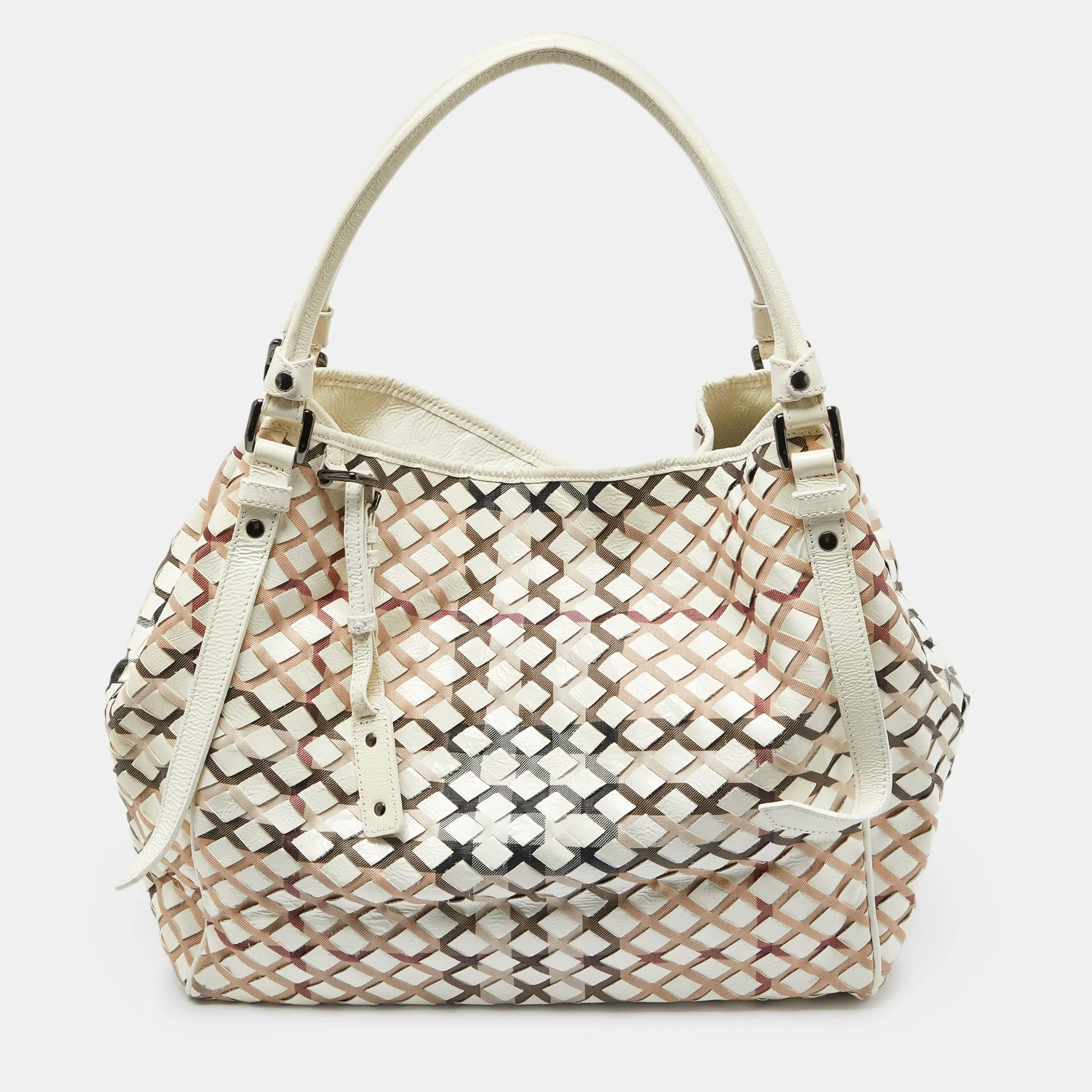 BURBERRY Beige House Check Canvas and Patent Leather Tote