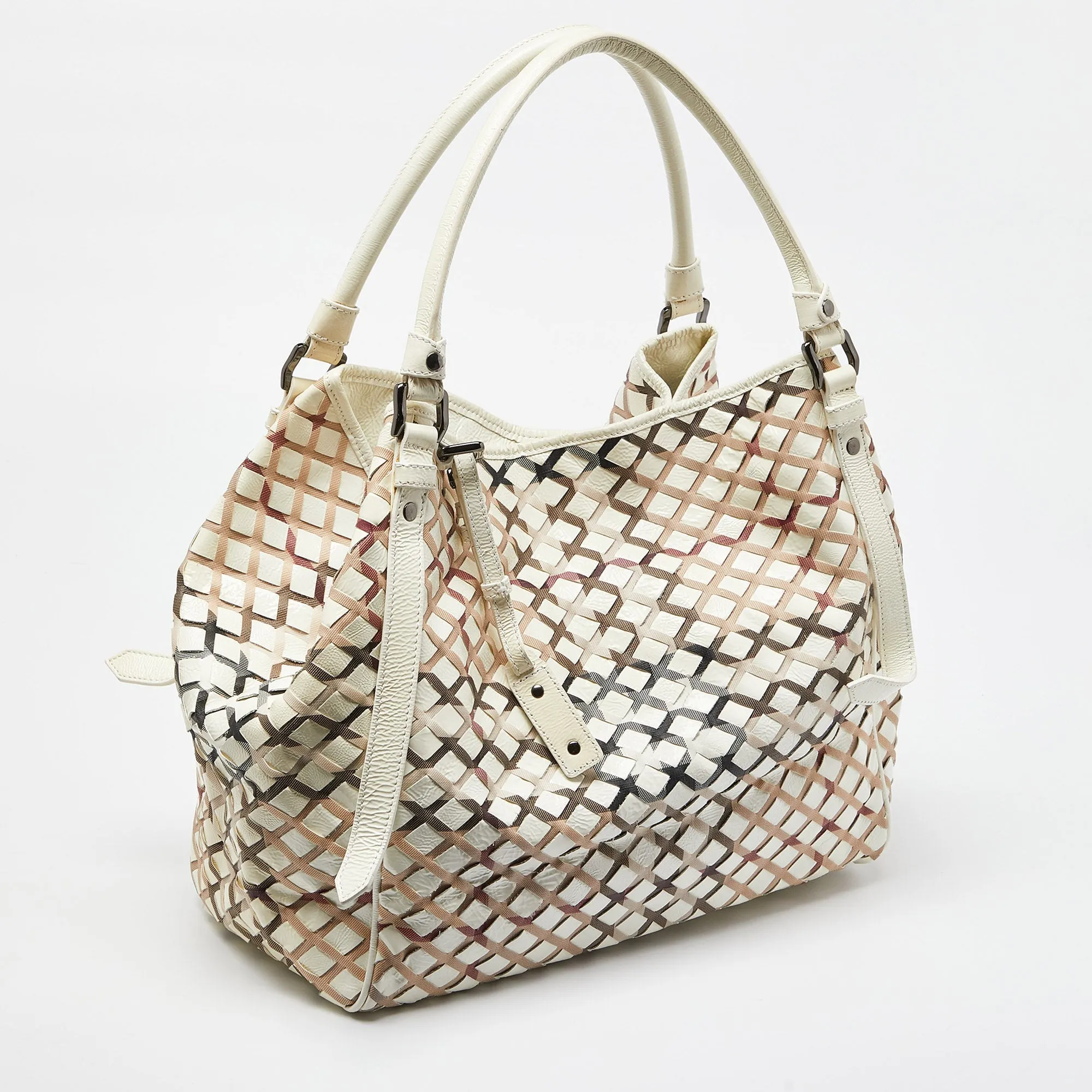 BURBERRY Beige House Check Canvas and Patent Leather Tote