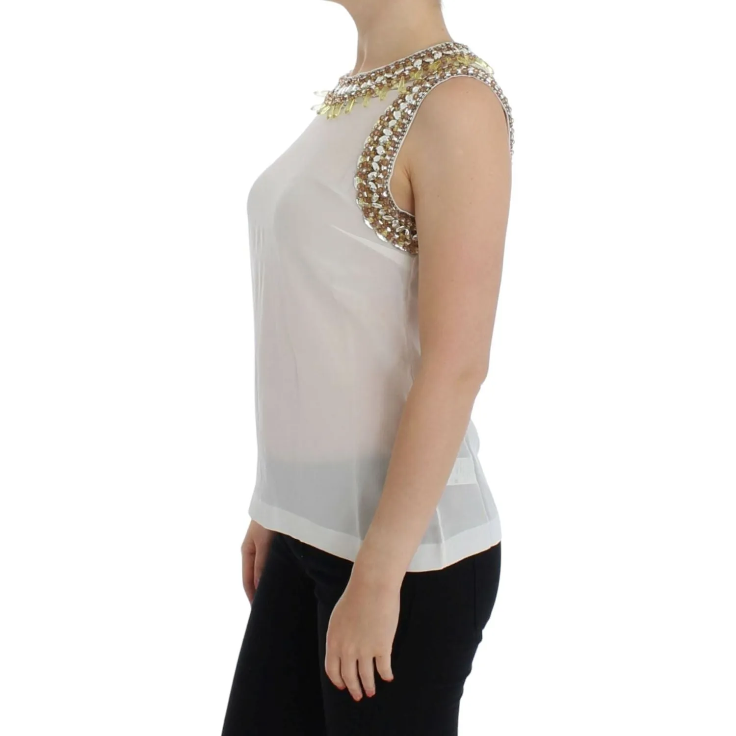 Dolce & Gabbana Elegant Sleeveless Silk Blouse with Crystal Embellishment