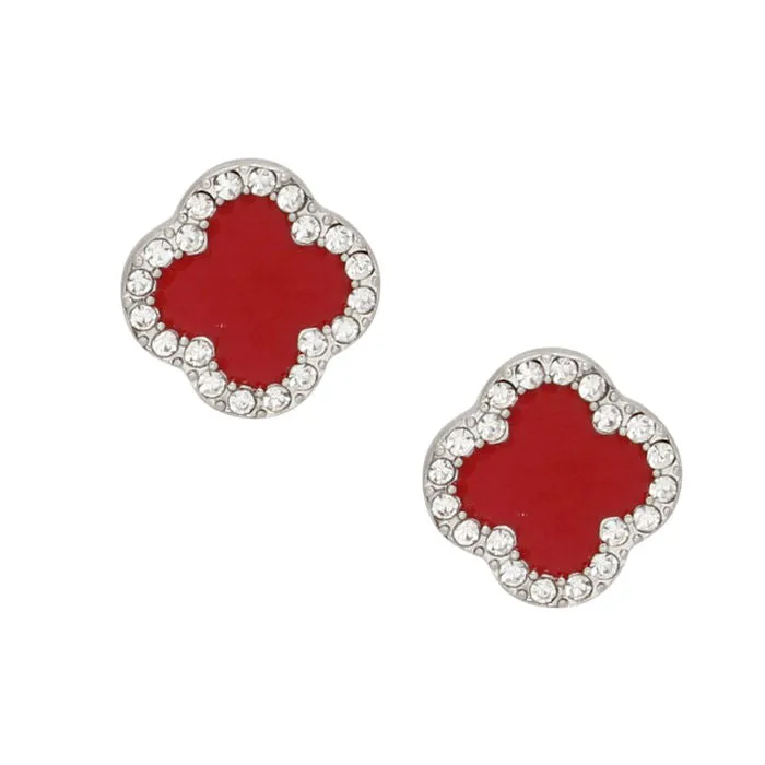 DST Red Silver Rhinestone Clover Stud Earrings