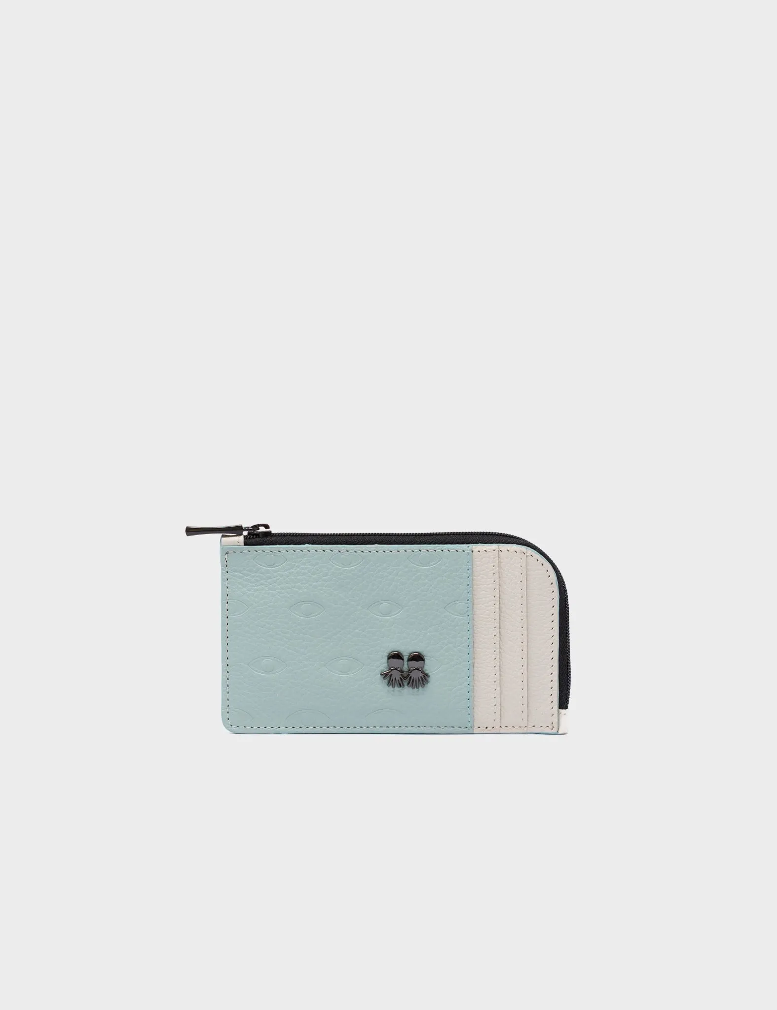 Fausto Zip-around Cameo Blue Leather Cardholder - Eyes Pattern Debossed