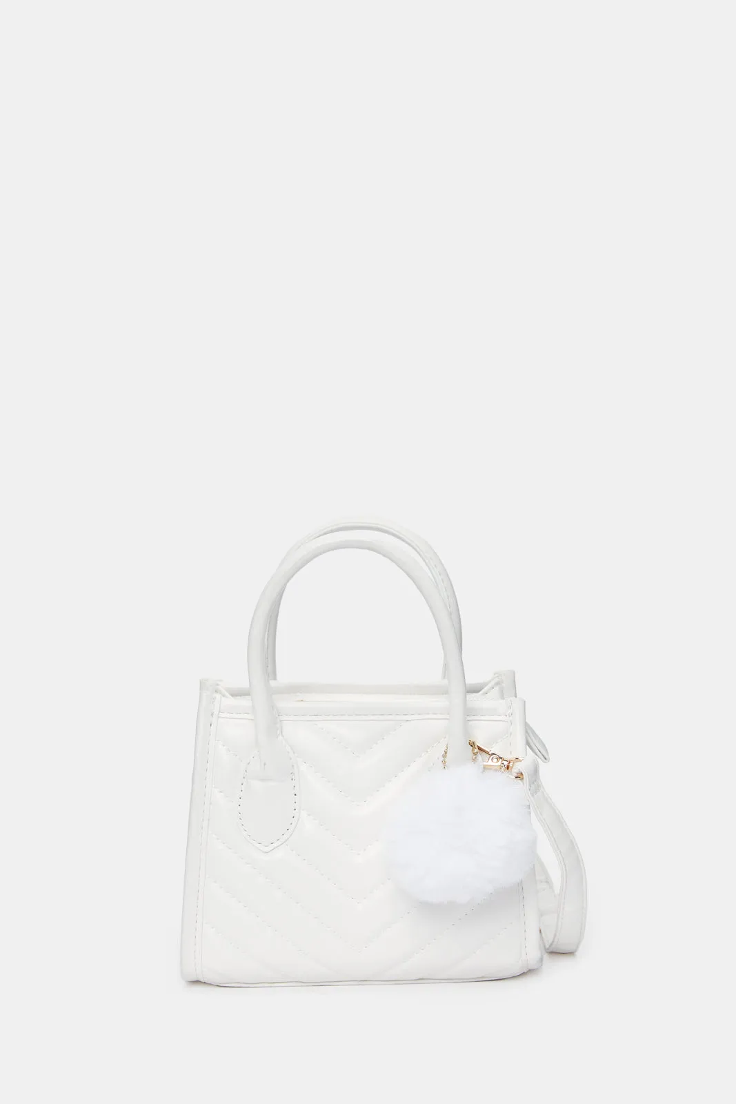 Girls White Cross Body Bag With Pom- Pom