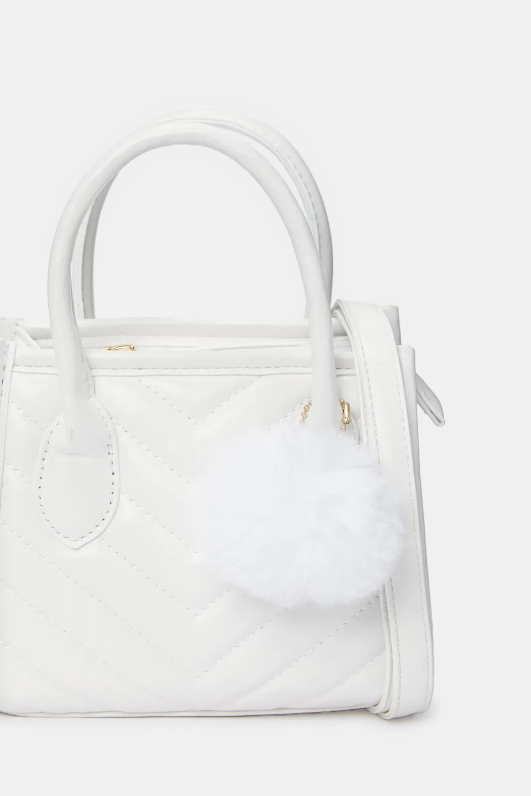 Girls White Cross Body Bag With Pom- Pom