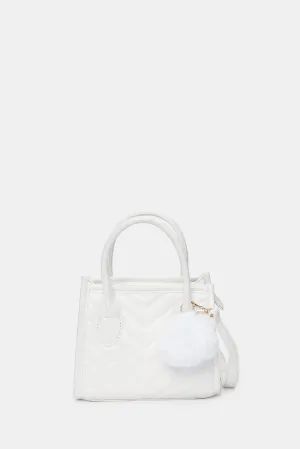 Girls White Cross Body Bag With Pom- Pom