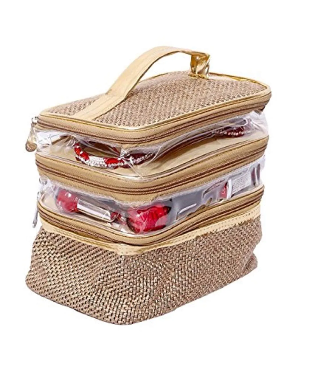 Kuber Industries Jute Rectangular Jewellery Kit|3 Compartments & Transparent Look|Size 23 x 23 x 14 (Gold)