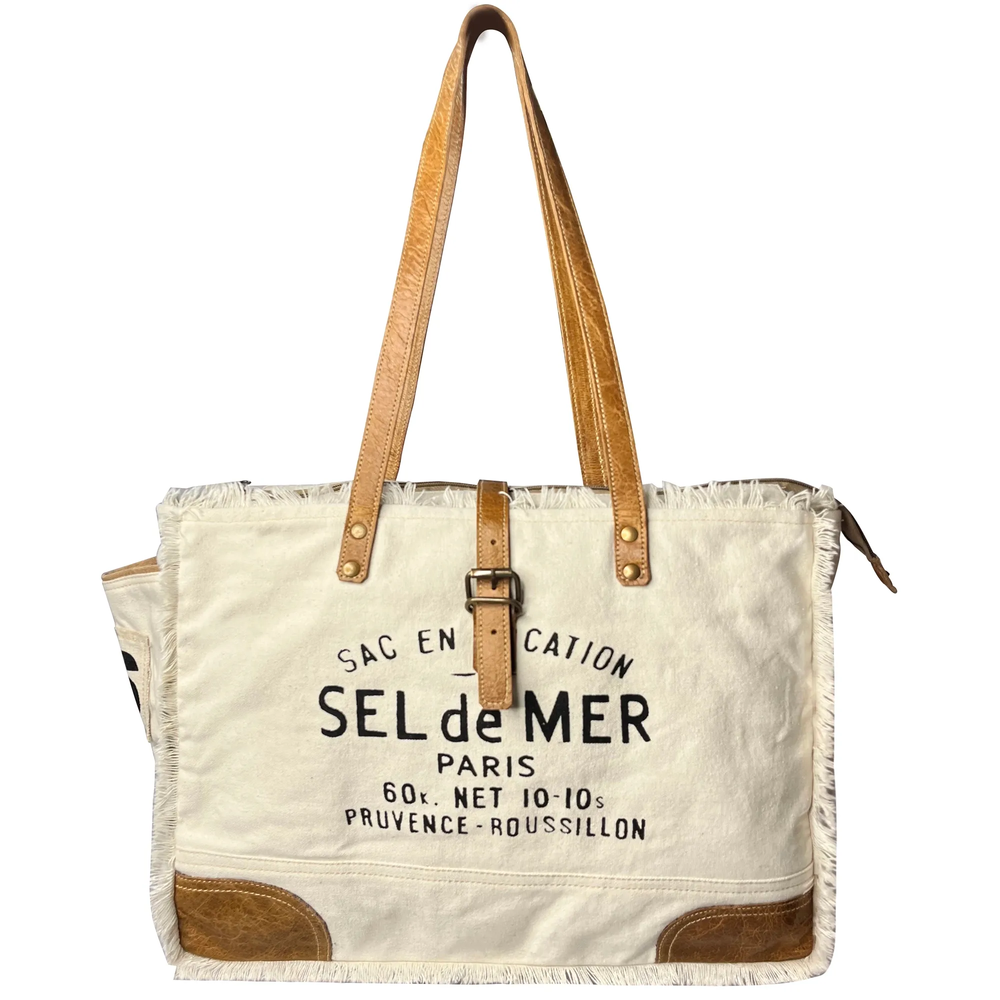 Leather Canvas Tote Bag for Women - Sel de Mer French-Inspired Shoulder Bag, White