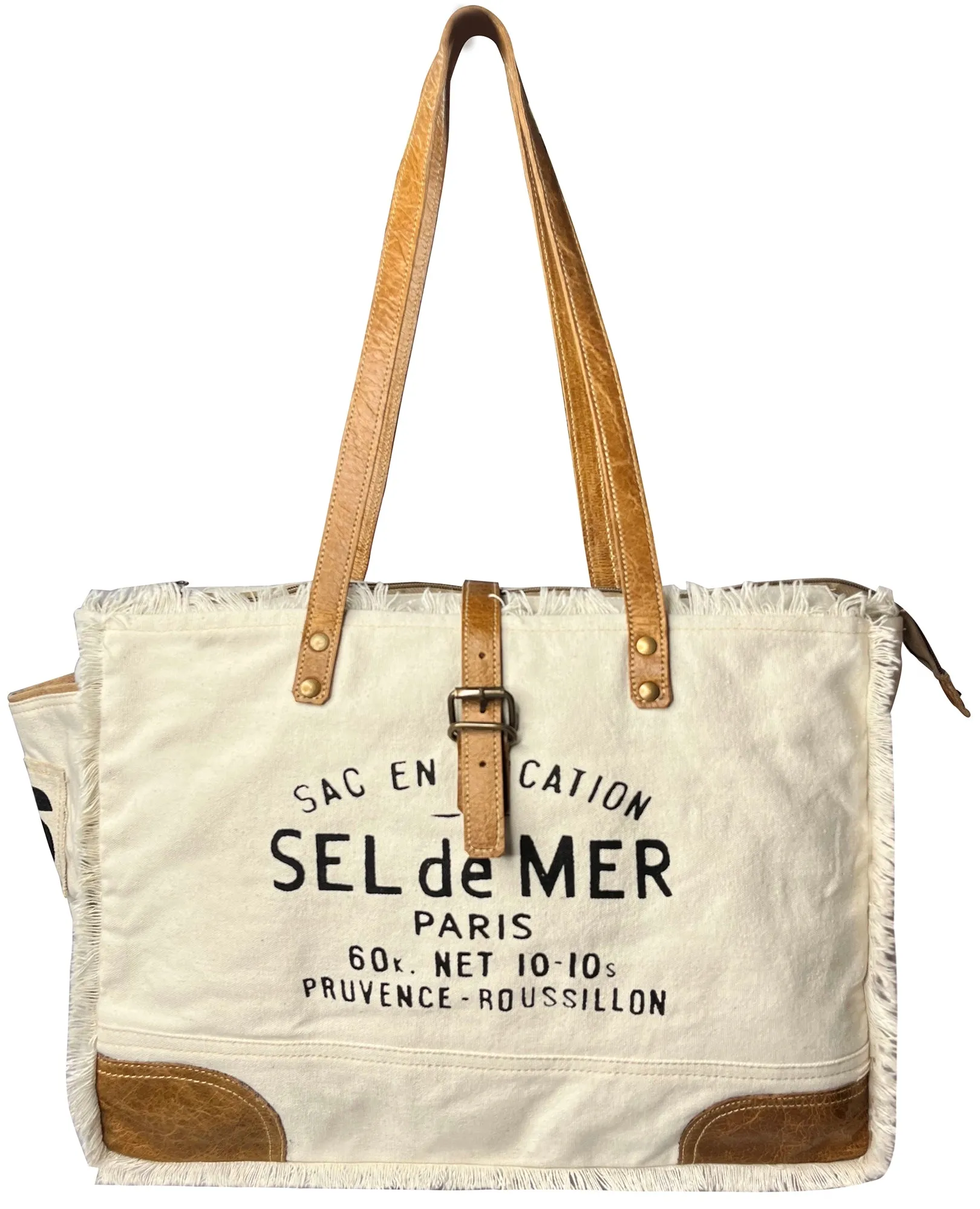 Leather Canvas Tote Bag for Women - Sel de Mer French-Inspired Shoulder Bag, White