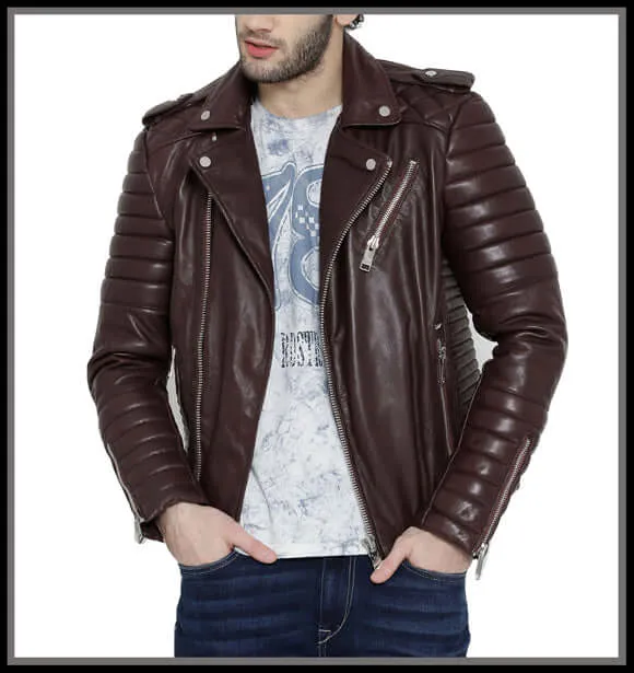 Men Trendy Qulited Motorbike Original Leather Jacket Men's