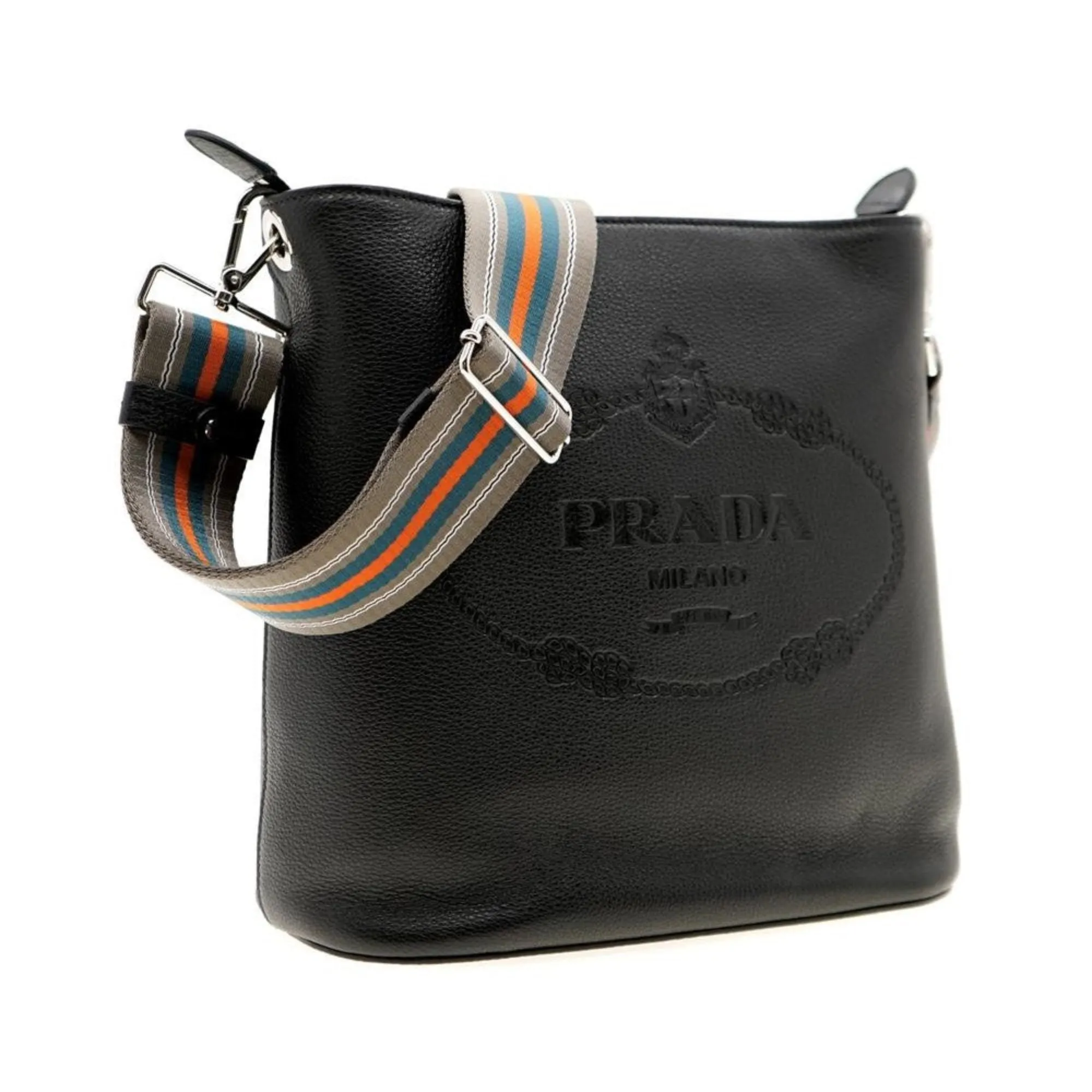 Prada Vitello Phenix Black Leather Web Strap Crossbody Bucket Bag