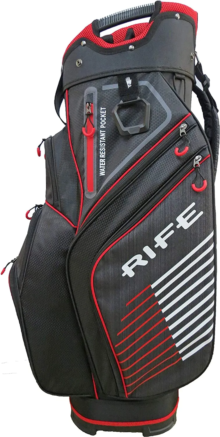 Rife Golf Premium Black Red Gray Cart Bag 10 inch, 14-Way Friendly Separator Top