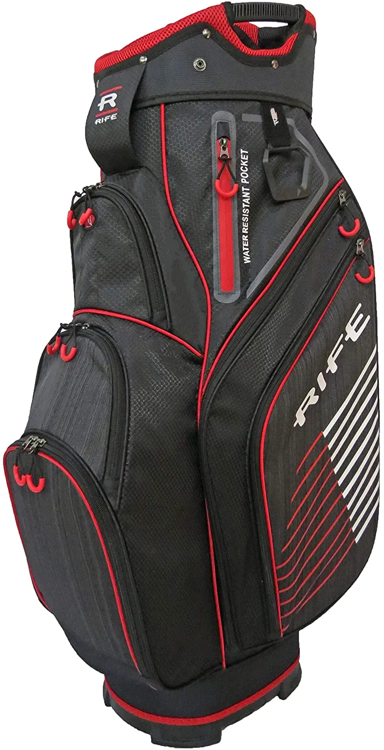 Rife Golf Premium Black Red Gray Cart Bag 10 inch, 14-Way Friendly Separator Top