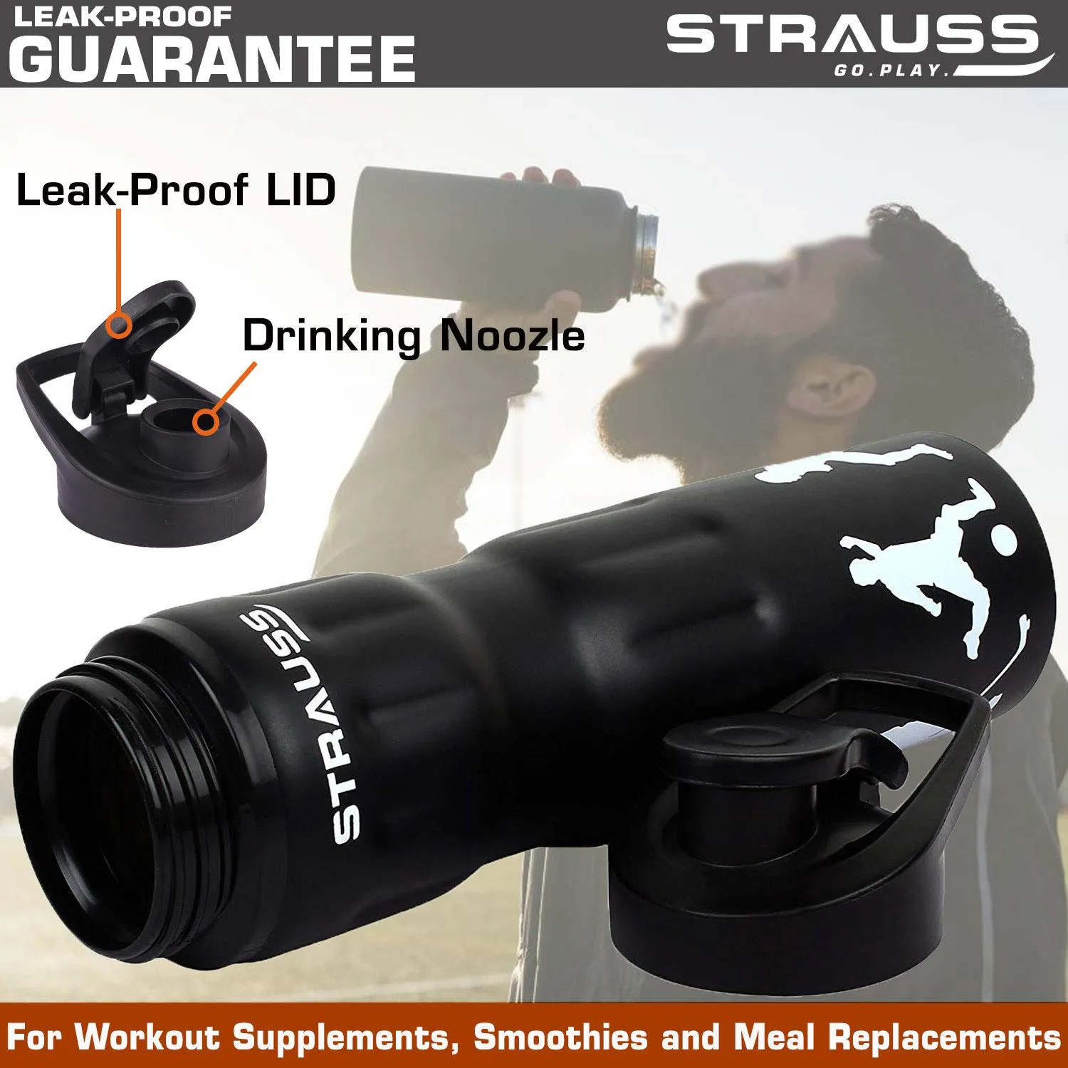 STRAUSS Stainless-Steel Water Bottle | Water Bottles for School, Office, Home & Gym | Leak Proof and BPA Free Gym Bottle | Easy to Carry | Water Bottle for Men & Women | 750 ML, (Black)