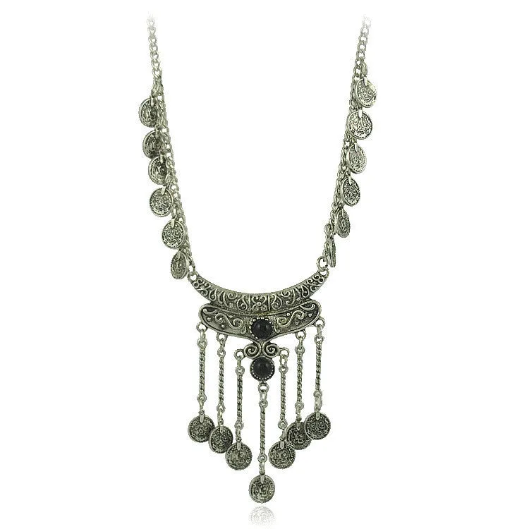 Tassel Exaggerated Long Silver Plated Coin Necklace