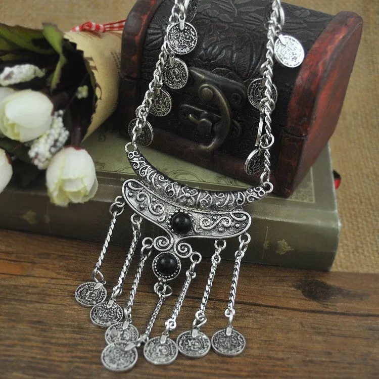 Tassel Exaggerated Long Silver Plated Coin Necklace