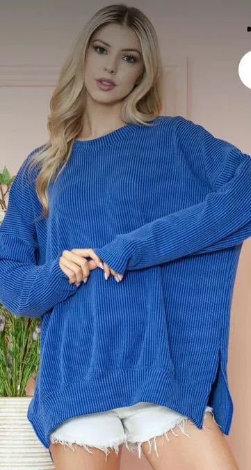 Tops- Royal Wave Rib Oversized Sweatshirt