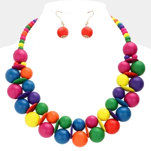 Wood Ball Embellished Statement Necklace Matching Earring